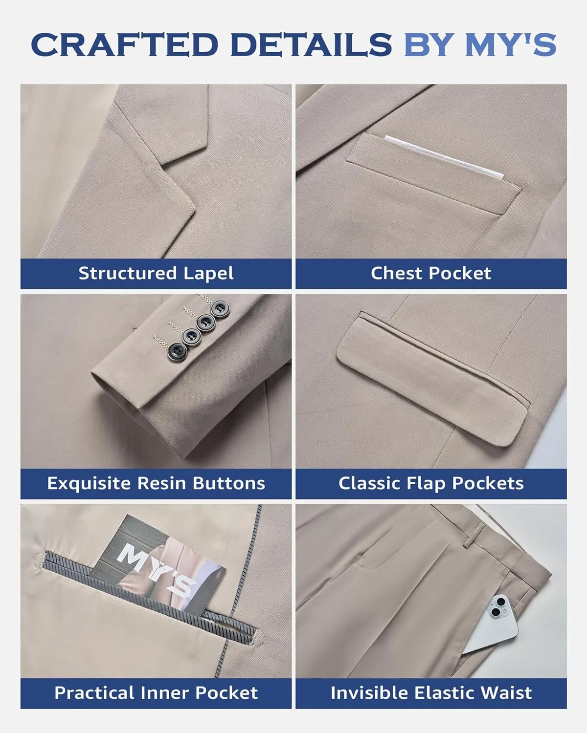 MY'S Men's Slim Fit 3 Pieces Suit, Two Buttons Solid Jacket Pants Set with Tie for Wedding Party Business Prom