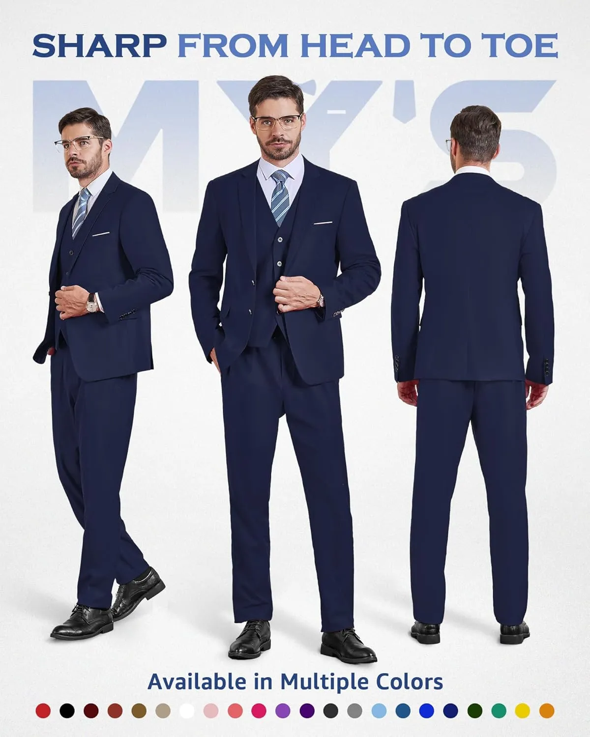MY'S Men's Slim Fit 3 Pieces Suit, Two Buttons Solid Jacket Pants Set with Tie for Wedding Party Business Prom