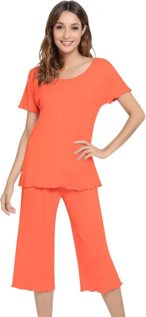 NACHILA Pajamas for Women-Viscose Made from Bamboo,Soft Capri Pants Pajama Sets Plus Size Pjs Cooling Short Sleeve Sleepwear