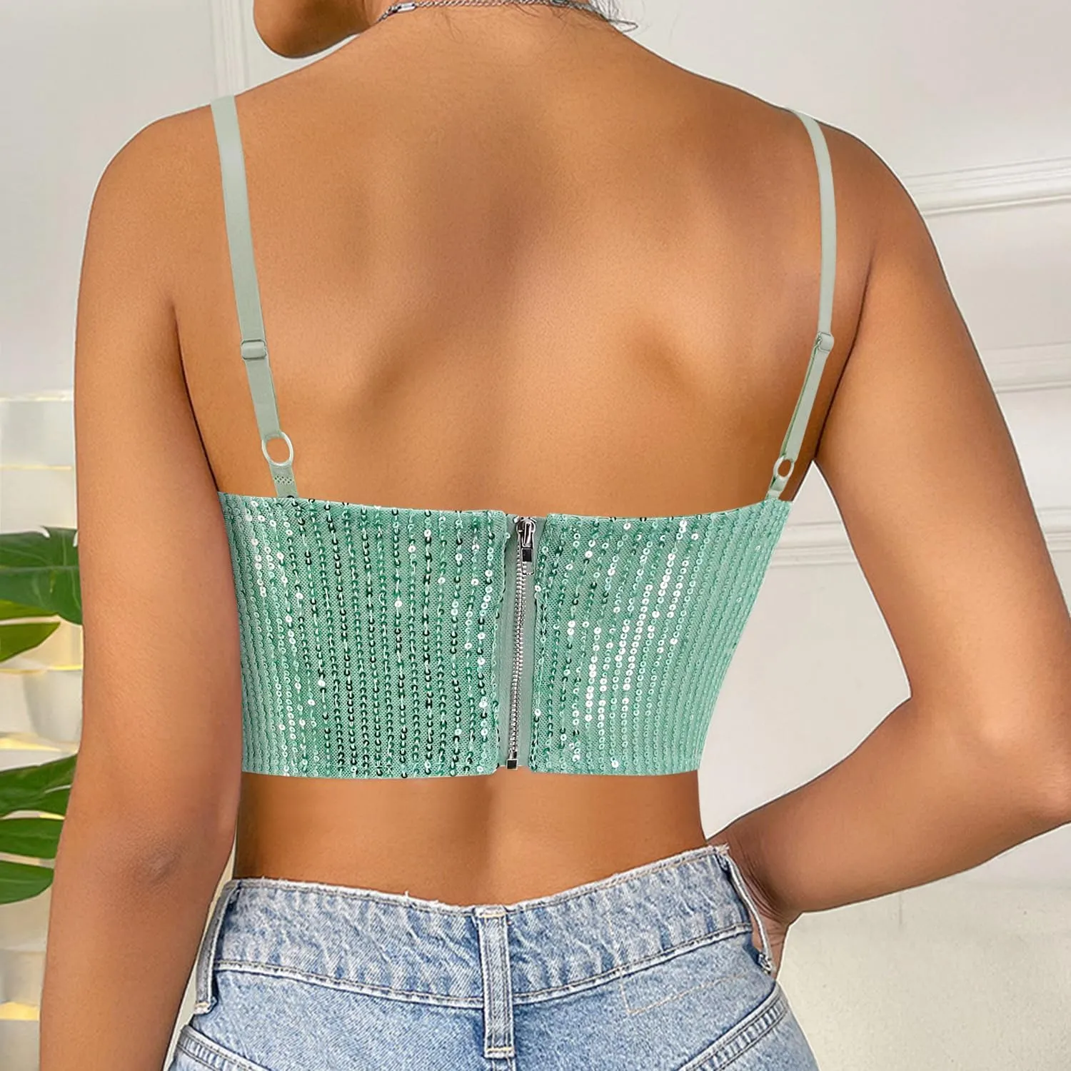 Naimo Women's Sparkle Sequin Crop Top Sleeveless V Neck Spaghetti Strap Tank Tops Vest Party Rave Shimmer Camisole