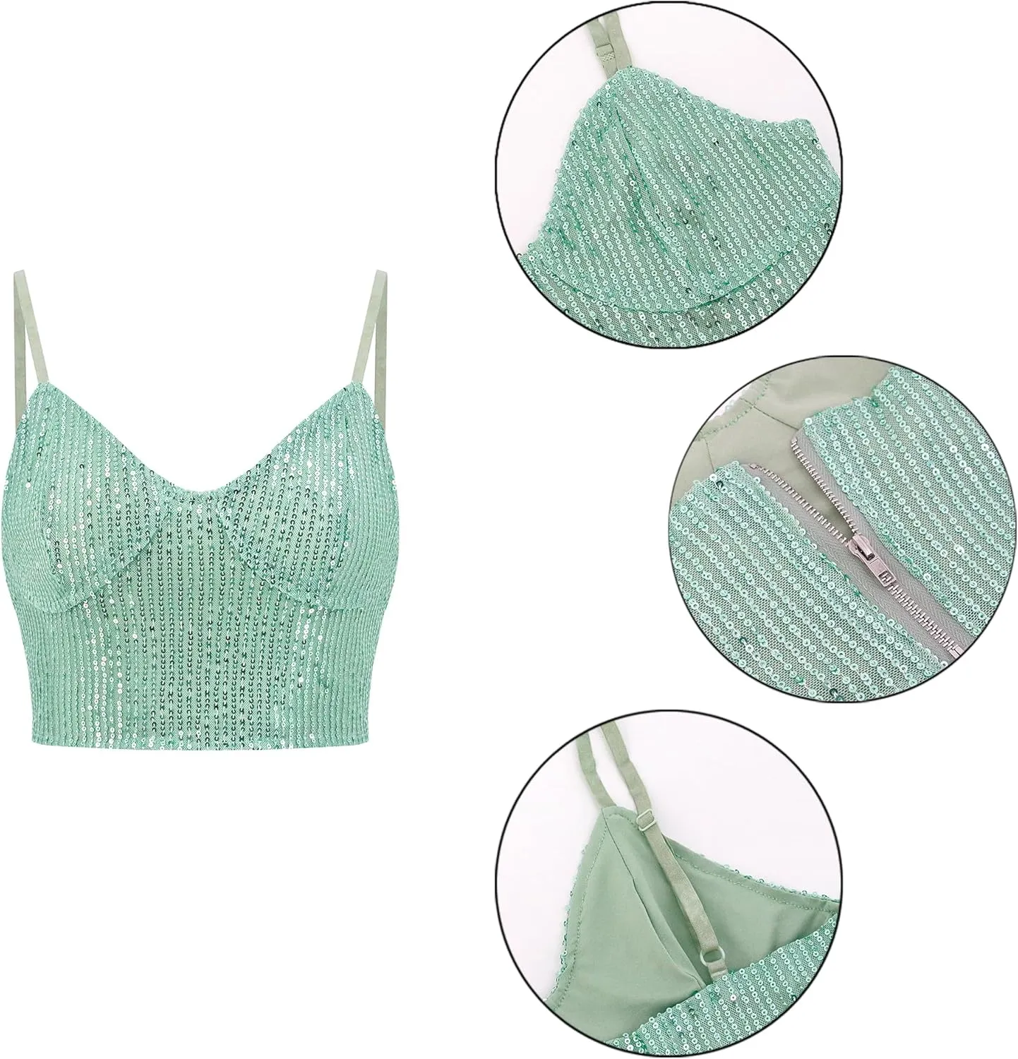 Naimo Women's Sparkle Sequin Crop Top Sleeveless V Neck Spaghetti Strap Tank Tops Vest Party Rave Shimmer Camisole