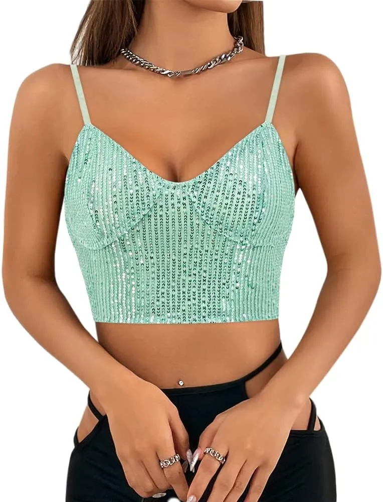 Naimo Women's Sparkle Sequin Crop Top Sleeveless V Neck Spaghetti Strap Tank Tops Vest Party Rave Shimmer Camisole