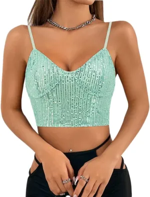 Naimo Women's Sparkle Sequin Crop Top Sleeveless V Neck Spaghetti Strap Tank Tops Vest Party Rave Shimmer Camisole