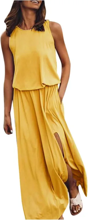 NaRHbrg Women Summer Dresses Sleeveless Casual Summer Maxi Dress Smocked Flowy Irregular Hem Sundresses Beach Long Tank Dress