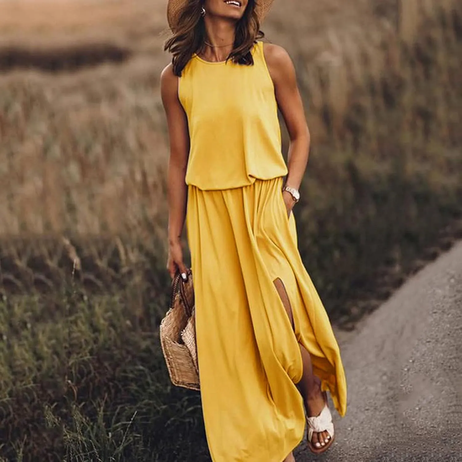 NaRHbrg Women Summer Dresses Sleeveless Casual Summer Maxi Dress Smocked Flowy Irregular Hem Sundresses Beach Long Tank Dress
