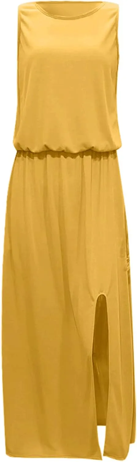 NaRHbrg Women Summer Dresses Sleeveless Casual Summer Maxi Dress Smocked Flowy Irregular Hem Sundresses Beach Long Tank Dress