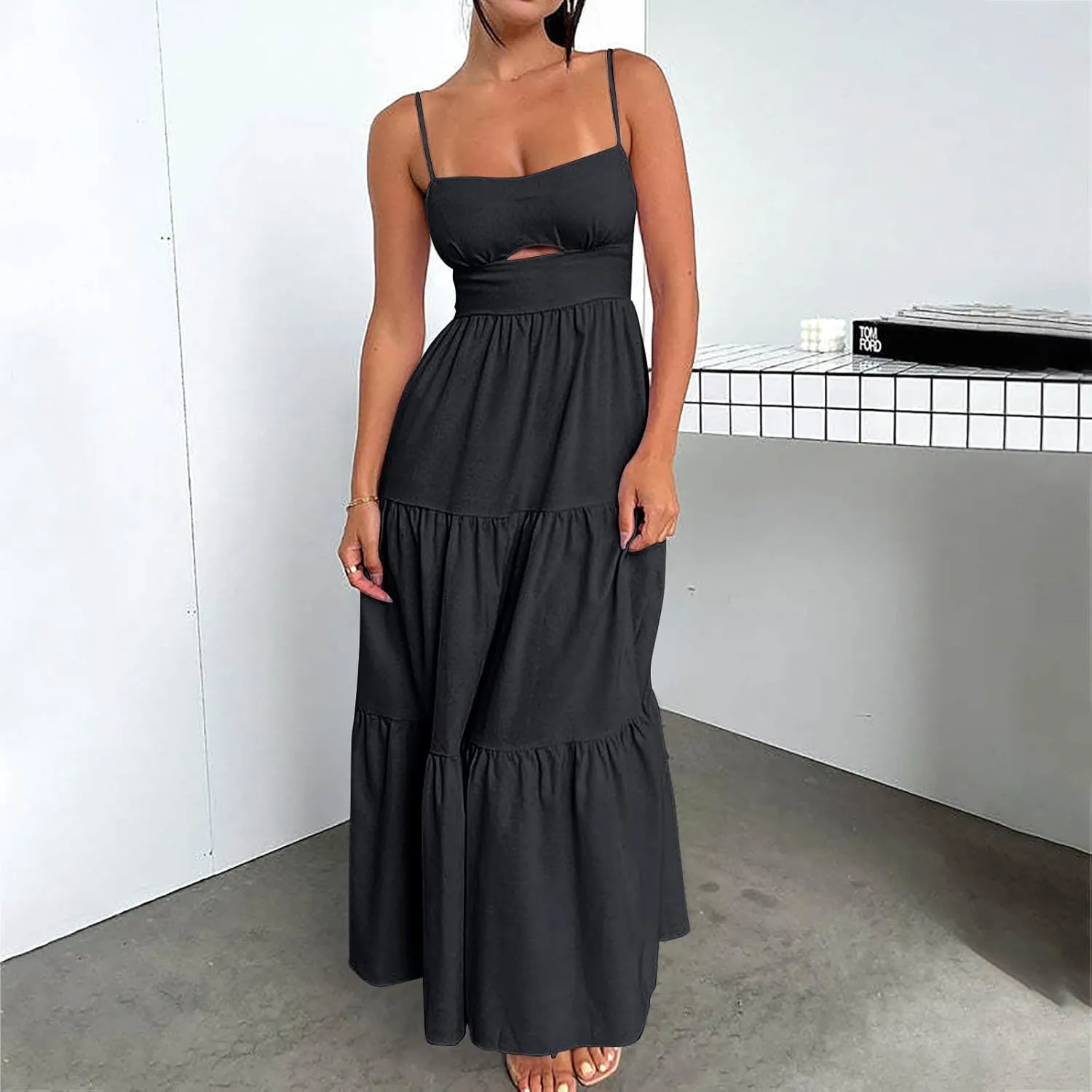 NaRHbrg Women's Spaghetti Strap Maxi Dress Cutout High Waist Tiered Flowy Summer Beach Sundress Casual Long Dresses