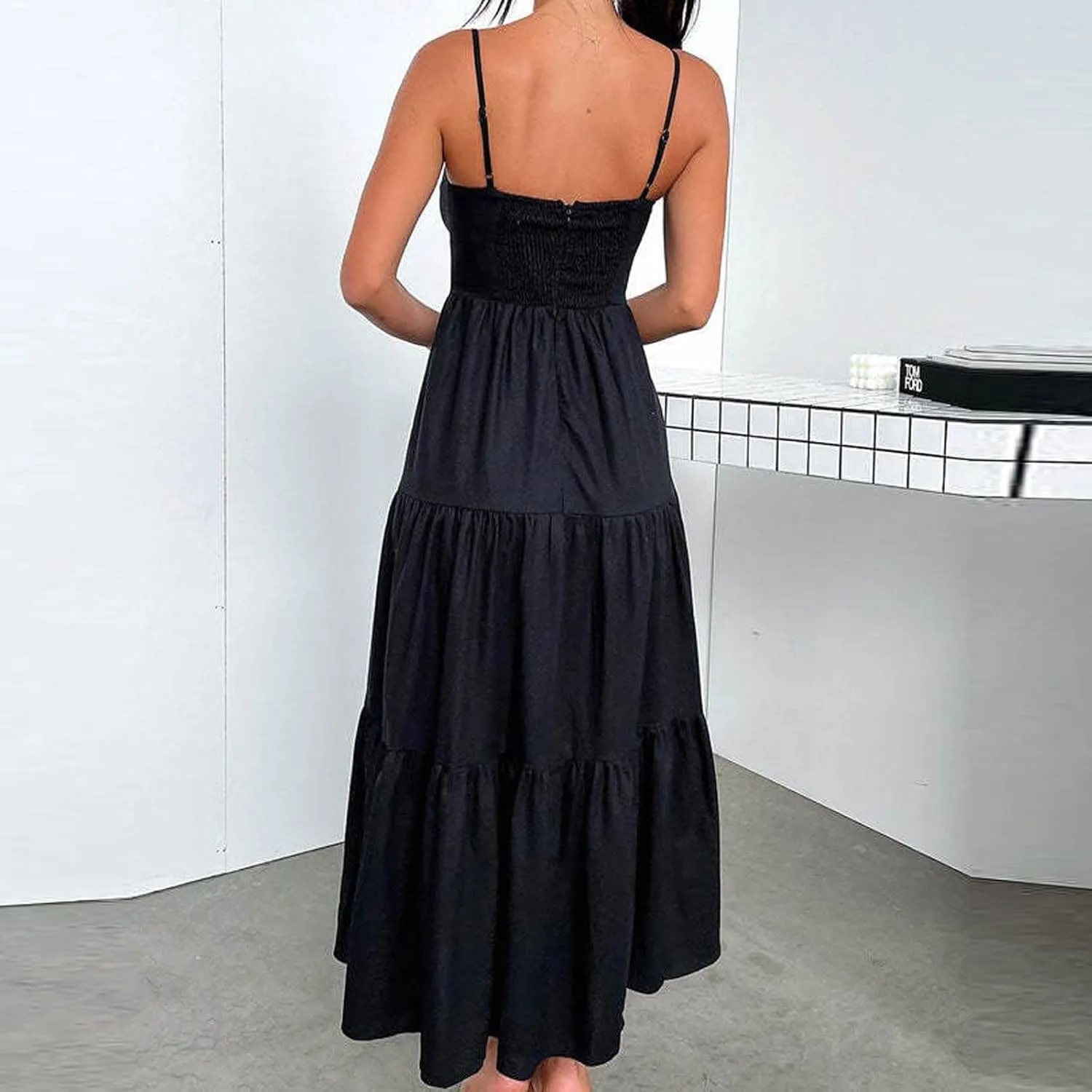 NaRHbrg Women's Spaghetti Strap Maxi Dress Cutout High Waist Tiered Flowy Summer Beach Sundress Casual Long Dresses