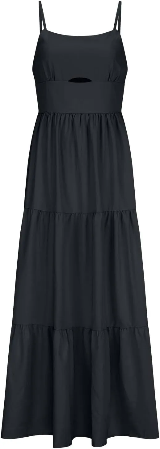 NaRHbrg Women's Spaghetti Strap Maxi Dress Cutout High Waist Tiered Flowy Summer Beach Sundress Casual Long Dresses