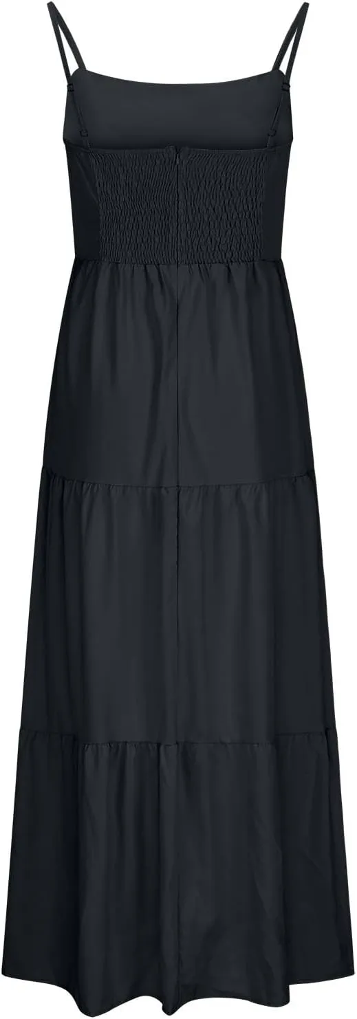 NaRHbrg Women's Spaghetti Strap Maxi Dress Cutout High Waist Tiered Flowy Summer Beach Sundress Casual Long Dresses