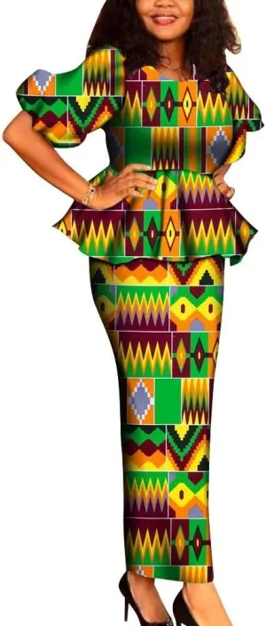 New Dashiki African Women 2 Pieces Outfits Set Print O-Neck Ruffles Tops and Long Skirt Sets Clothing
