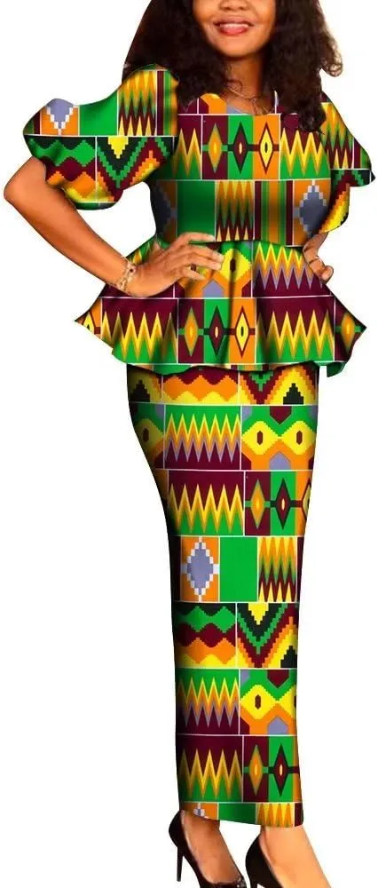 New Dashiki African Women 2 Pieces Outfits Set Print O-Neck Ruffles Tops and Long Skirt Sets Clothing