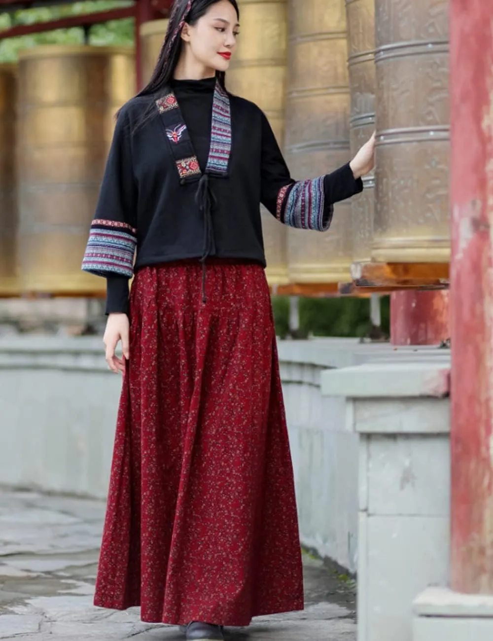 NFYM Womens Long Skirt Floral Printed Cotton Linen Elastic Waist A-line Maxi Swing Skirt with Pockets