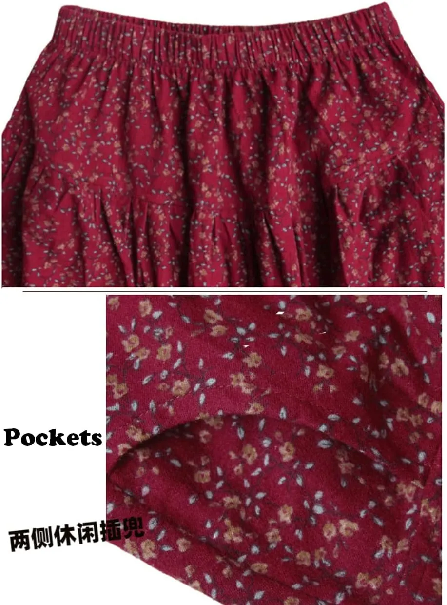 NFYM Womens Long Skirt Floral Printed Cotton Linen Elastic Waist A-line Maxi Swing Skirt with Pockets