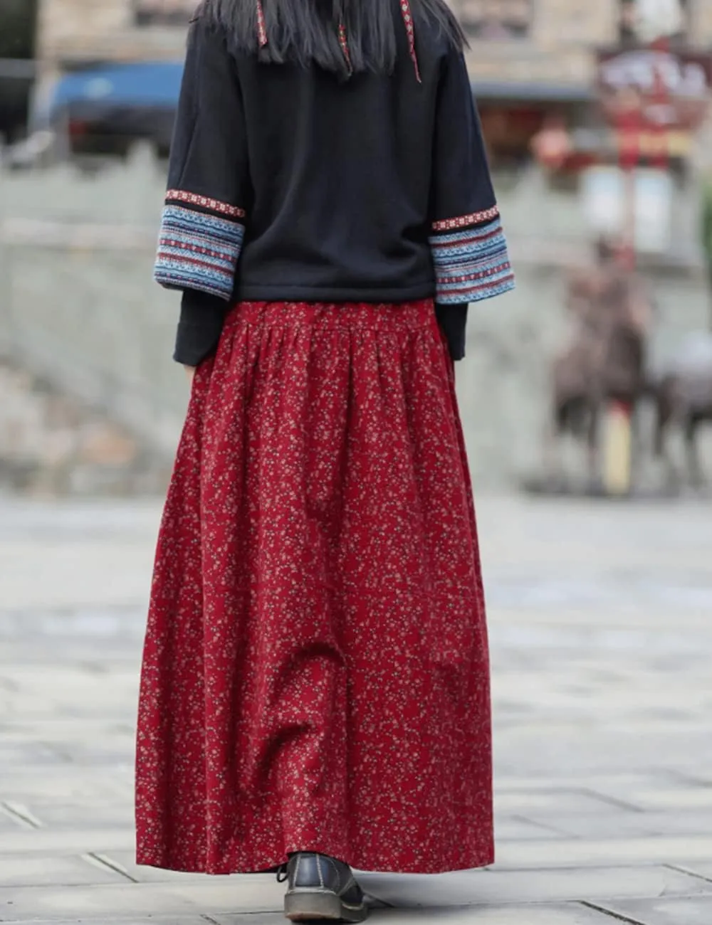 NFYM Womens Long Skirt Floral Printed Cotton Linen Elastic Waist A-line Maxi Swing Skirt with Pockets