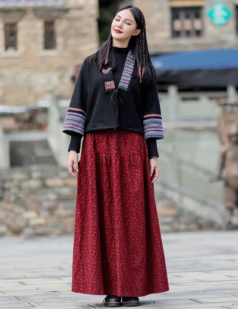 NFYM Womens Long Skirt Floral Printed Cotton Linen Elastic Waist A-line Maxi Swing Skirt with Pockets