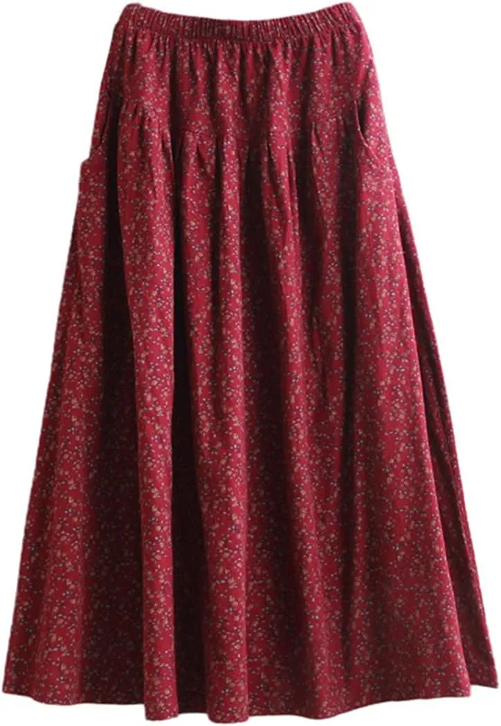 NFYM Womens Long Skirt Floral Printed Cotton Linen Elastic Waist A-line Maxi Swing Skirt with Pockets