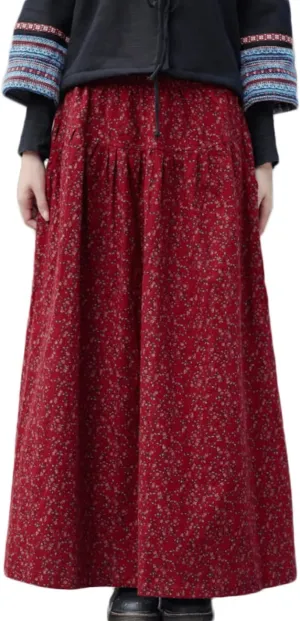 NFYM Womens Long Skirt Floral Printed Cotton Linen Elastic Waist A-line Maxi Swing Skirt with Pockets