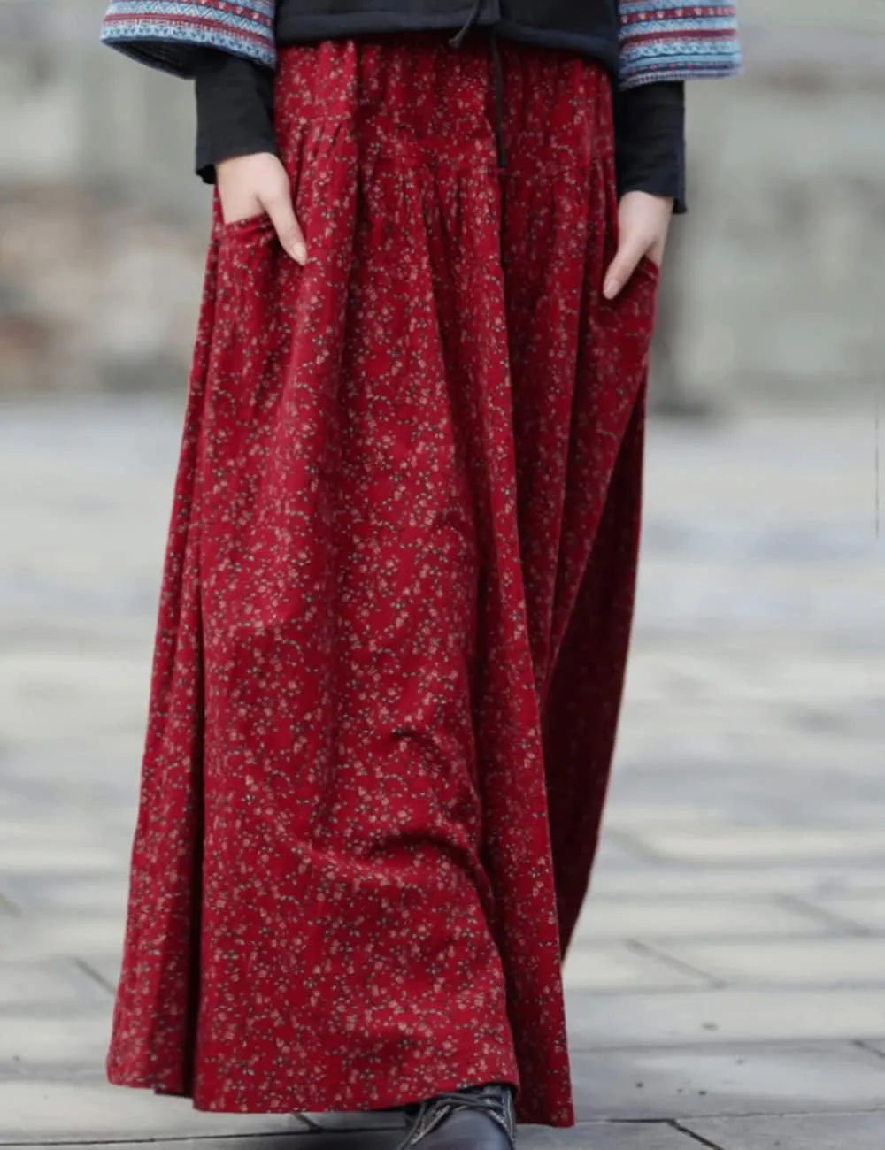 NFYM Womens Long Skirt Floral Printed Cotton Linen Elastic Waist A-line Maxi Swing Skirt with Pockets