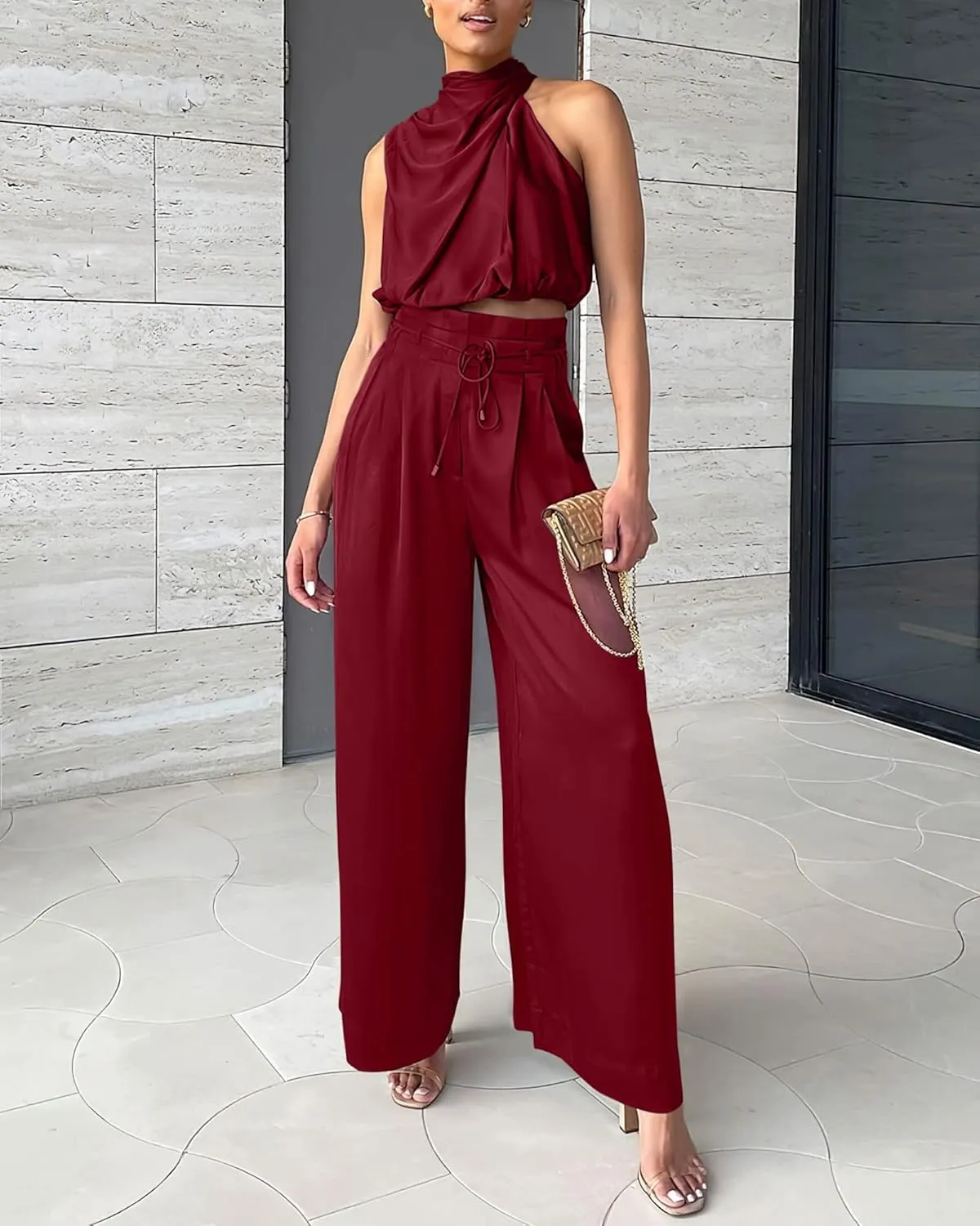 NOLLSOM Women Casual Summer Satin Two Piece Outfit 2023 Sleeveless Mock Neck Tank Crop Tops Wide Long Pants Lounge Set