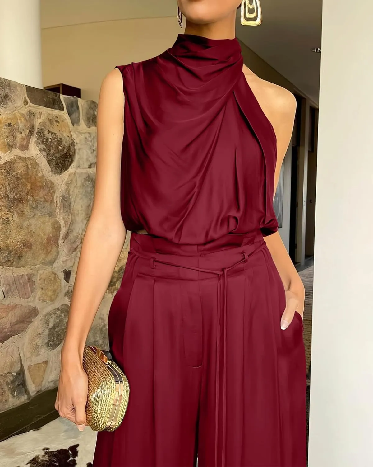 NOLLSOM Women Casual Summer Satin Two Piece Outfit 2023 Sleeveless Mock Neck Tank Crop Tops Wide Long Pants Lounge Set