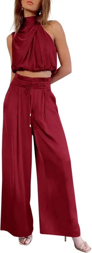 NOLLSOM Women Casual Summer Satin Two Piece Outfit 2023 Sleeveless Mock Neck Tank Crop Tops Wide Long Pants Lounge Set