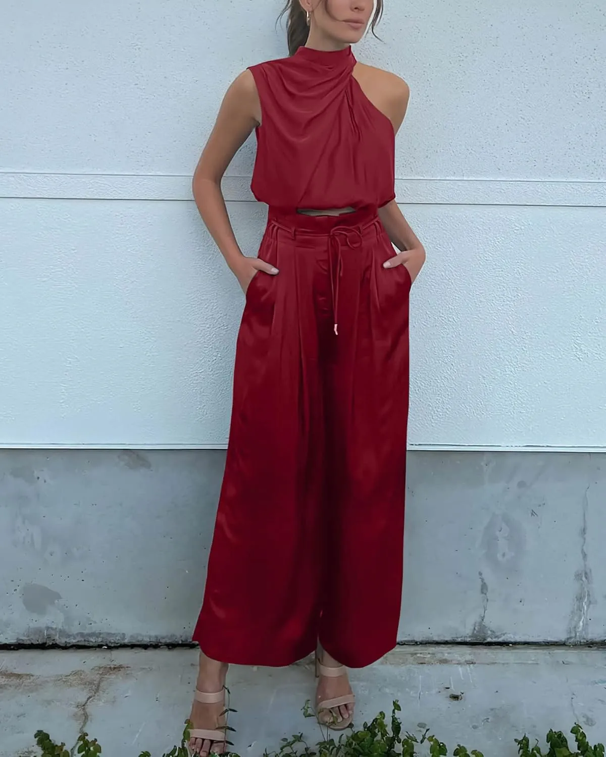 NOLLSOM Women Casual Summer Satin Two Piece Outfit 2023 Sleeveless Mock Neck Tank Crop Tops Wide Long Pants Lounge Set