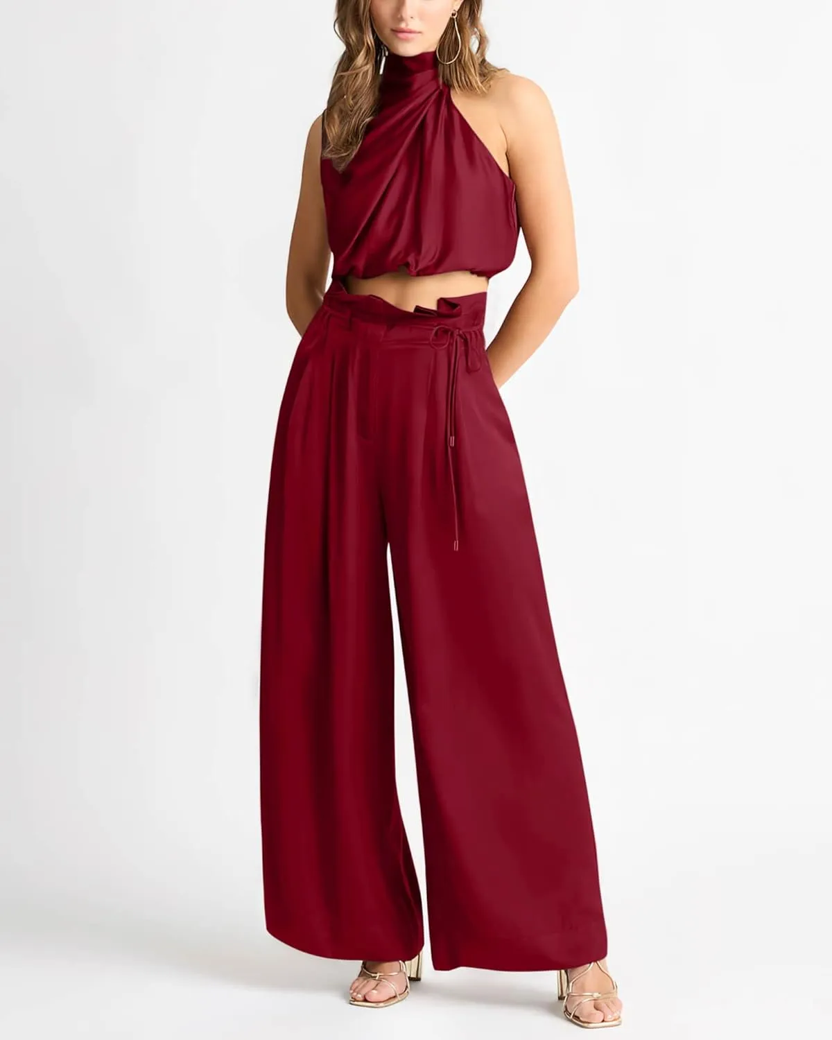 NOLLSOM Women Casual Summer Satin Two Piece Outfit 2023 Sleeveless Mock Neck Tank Crop Tops Wide Long Pants Lounge Set