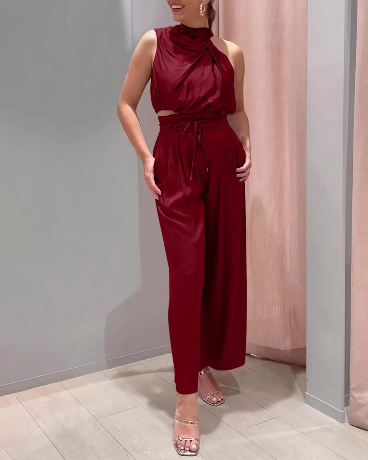 NOLLSOM Women Casual Summer Satin Two Piece Outfit 2023 Sleeveless Mock Neck Tank Crop Tops Wide Long Pants Lounge Set