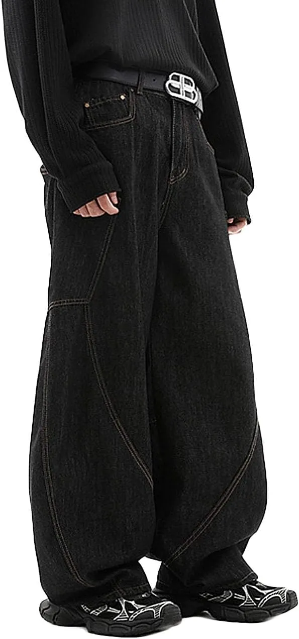Nutriangee Men's Baggy Barrel Wide Leg Jeans Irregular Sutures for Men Women Loose Fit Streetwear Y2k Hip Hop Denim Pants