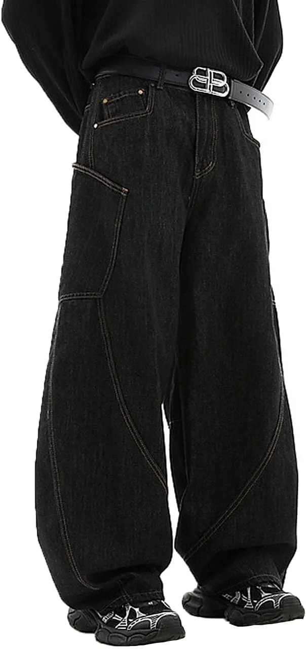 Nutriangee Men's Baggy Barrel Wide Leg Jeans Irregular Sutures for Men Women Loose Fit Streetwear Y2k Hip Hop Denim Pants