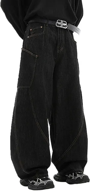 Nutriangee Men's Baggy Barrel Wide Leg Jeans Irregular Sutures for Men Women Loose Fit Streetwear Y2k Hip Hop Denim Pants
