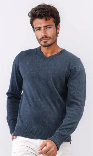 o198789 - Solid V-Neck Ribbed Hemline & Cuffs Pullover - Dark Jeans Blue