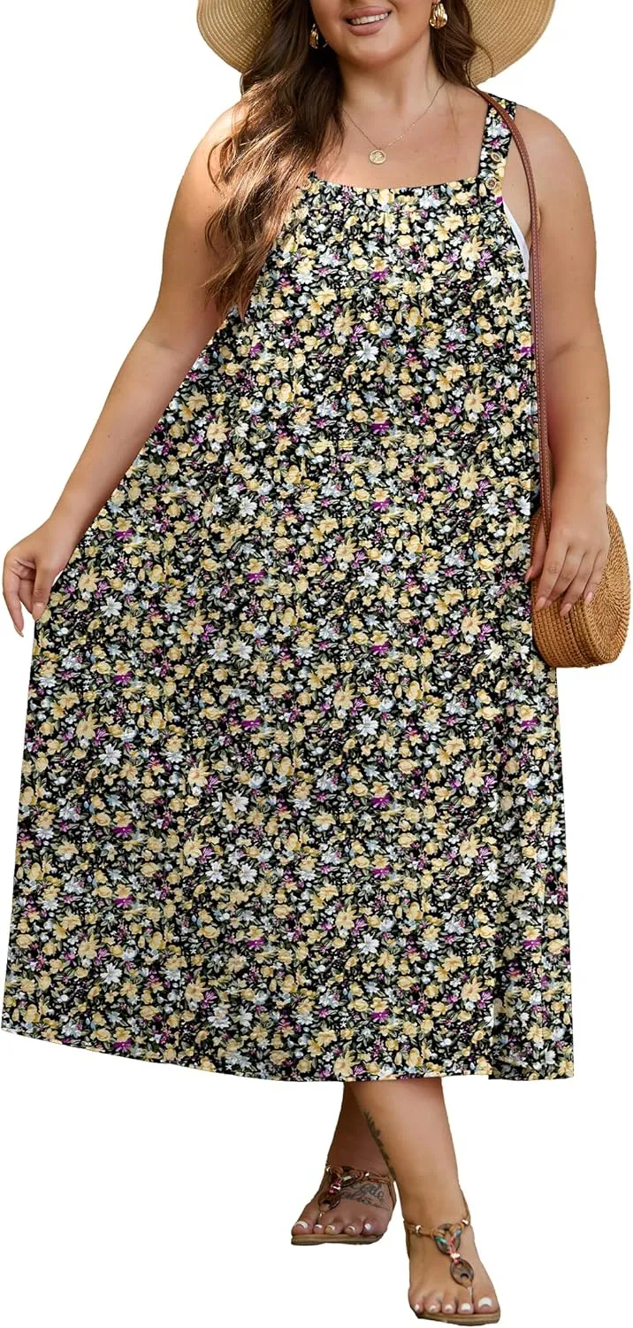 OLRIK Plus Size Casual Summer Dresses for Women Loose Fit A-Line Flowy Midi Dress with Pockets