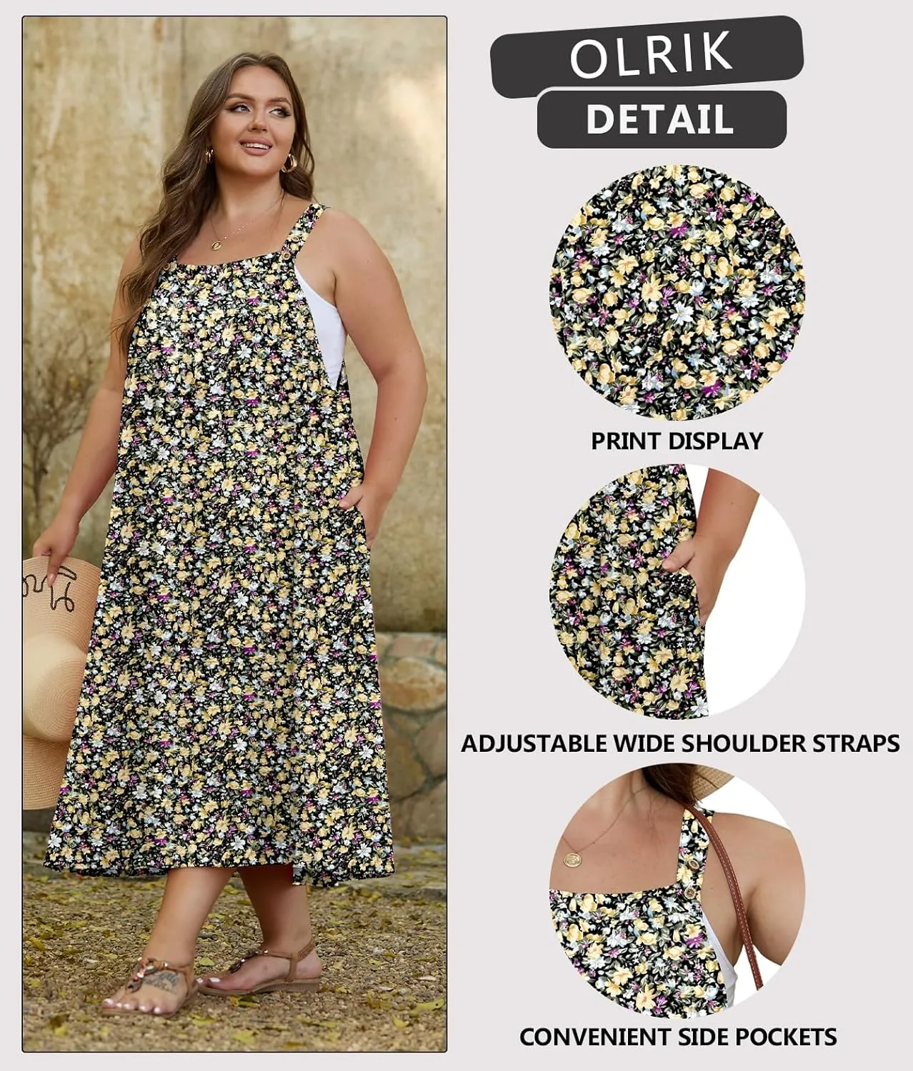 OLRIK Plus Size Casual Summer Dresses for Women Loose Fit A-Line Flowy Midi Dress with Pockets