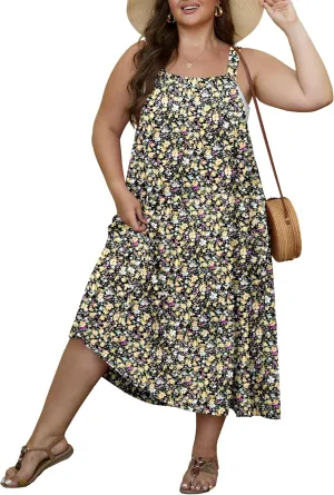 OLRIK Plus Size Casual Summer Dresses for Women Loose Fit A-Line Flowy Midi Dress with Pockets