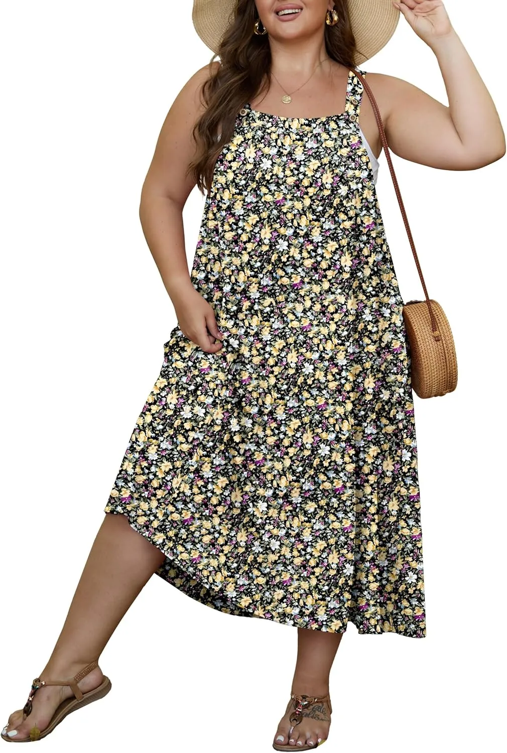 OLRIK Plus Size Casual Summer Dresses for Women Loose Fit A-Line Flowy Midi Dress with Pockets