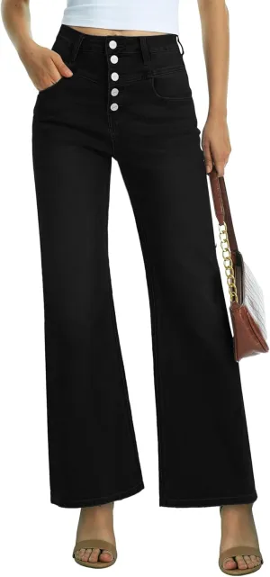 ONESO Women Flare Jeans High Waisted Stretch Button Fly Women's Wide Leg Baggy Jeans 90s Tummy Control Denim Pants