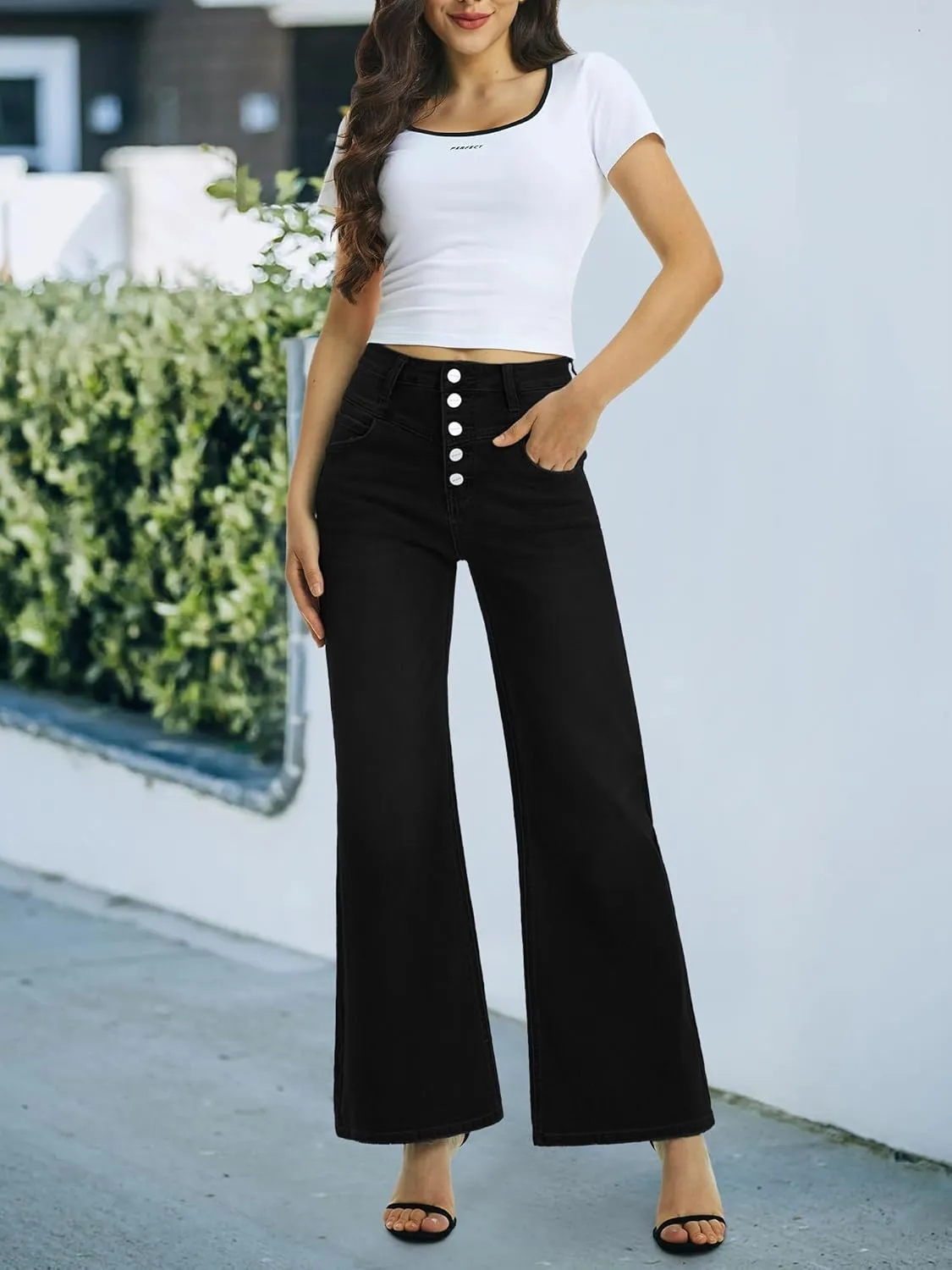 ONESO Women Flare Jeans High Waisted Stretch Button Fly Women's Wide Leg Baggy Jeans 90s Tummy Control Denim Pants