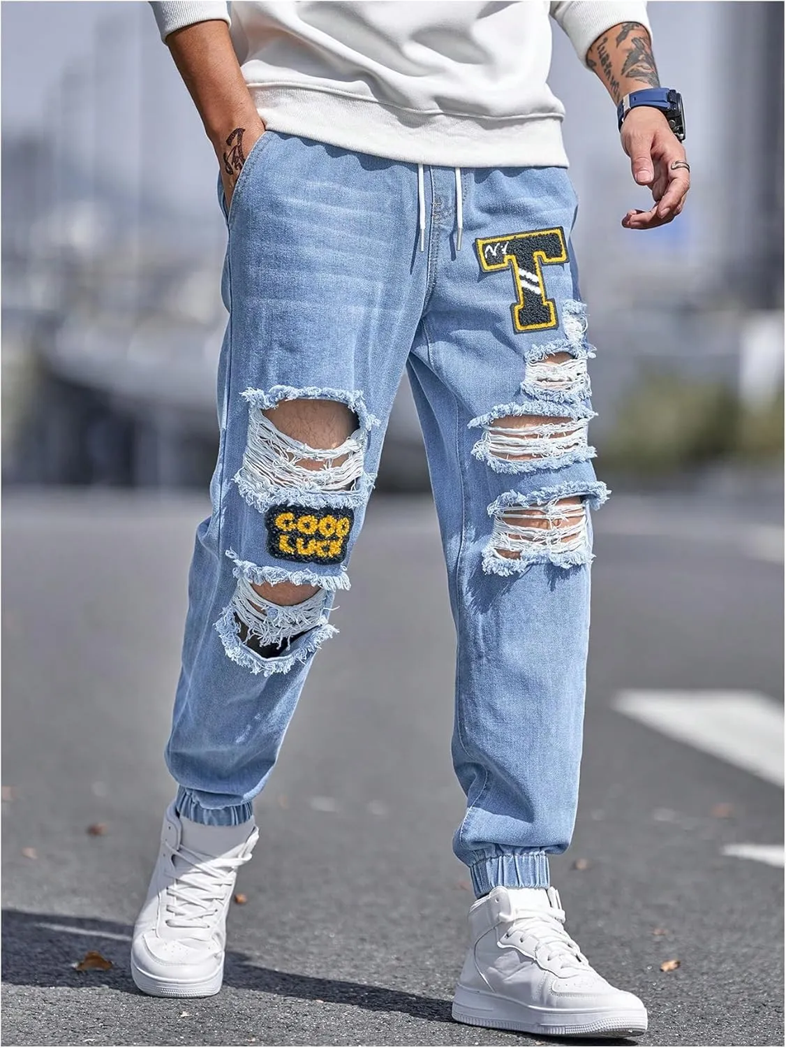 OYOANGLE Men's Cargo Joggers Pants Letter Patched Ripped Jeans Elastic Drawstring Waist Distressed Denim Pants