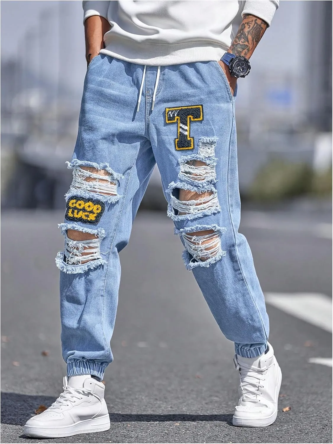 OYOANGLE Men's Cargo Joggers Pants Letter Patched Ripped Jeans Elastic Drawstring Waist Distressed Denim Pants