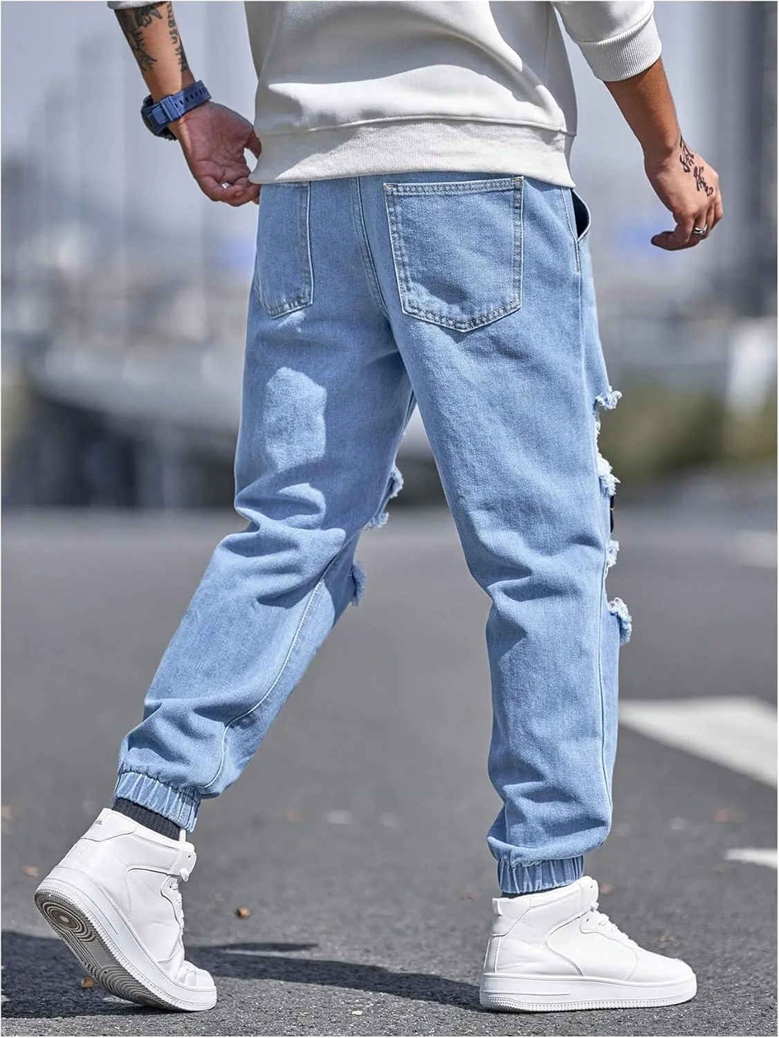 OYOANGLE Men's Cargo Joggers Pants Letter Patched Ripped Jeans Elastic Drawstring Waist Distressed Denim Pants