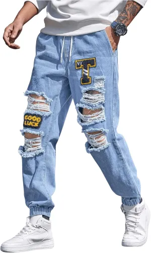 OYOANGLE Men's Cargo Joggers Pants Letter Patched Ripped Jeans Elastic Drawstring Waist Distressed Denim Pants