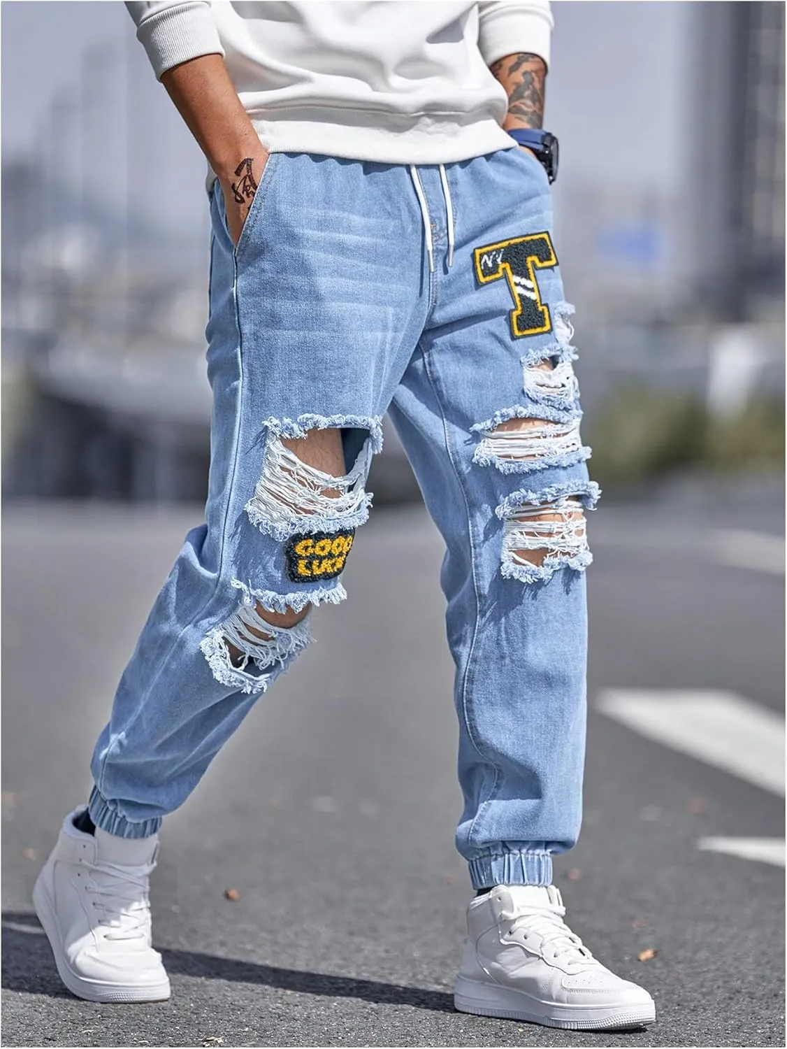 OYOANGLE Men's Cargo Joggers Pants Letter Patched Ripped Jeans Elastic Drawstring Waist Distressed Denim Pants