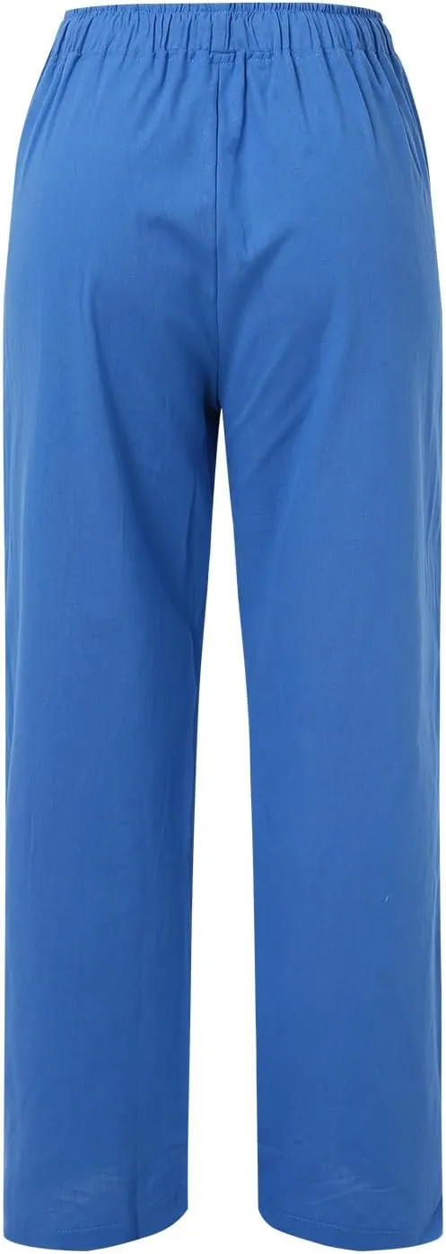 Palazzo Linen Pants for Women Fashion Casual Wide Leg Linen Trousers Summer Vacation Lounge Long Pants for Women 2024