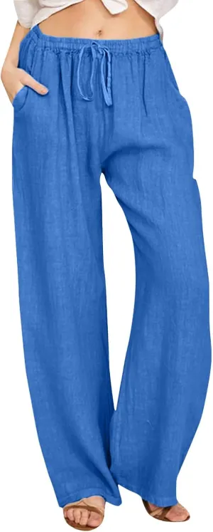 Palazzo Linen Pants for Women Fashion Casual Wide Leg Linen Trousers Summer Vacation Lounge Long Pants for Women 2024