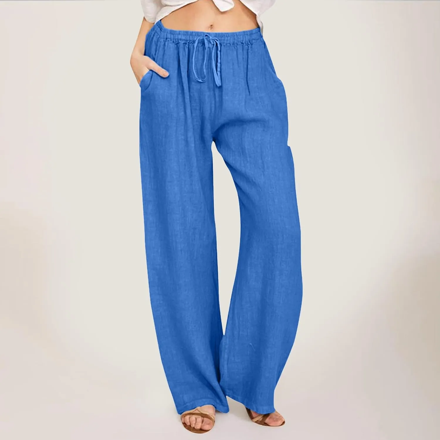 Palazzo Linen Pants for Women Fashion Casual Wide Leg Linen Trousers Summer Vacation Lounge Long Pants for Women 2024