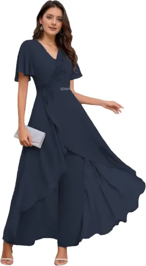 Pant Suits for Women Dressy Short Sleeve Wedding Pantsuits for Grandmothers Navy Lace Applique Womens Pant Suits 12