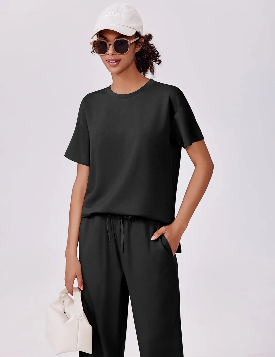 PINSPARK 2 Piece Sets for Women Soft Short Sleeve Matching Lounge Set Wide Leg Pants Tracksuit Travel Summer Outfits 2025