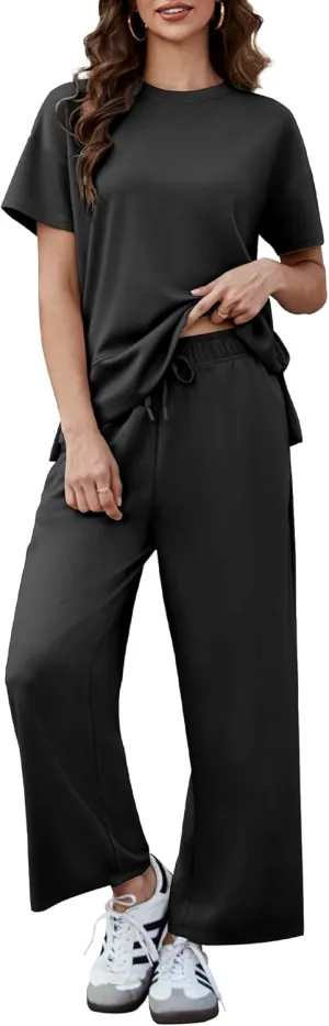 PINSPARK 2 Piece Sets for Women Soft Short Sleeve Matching Lounge Set Wide Leg Pants Tracksuit Travel Summer Outfits 2025